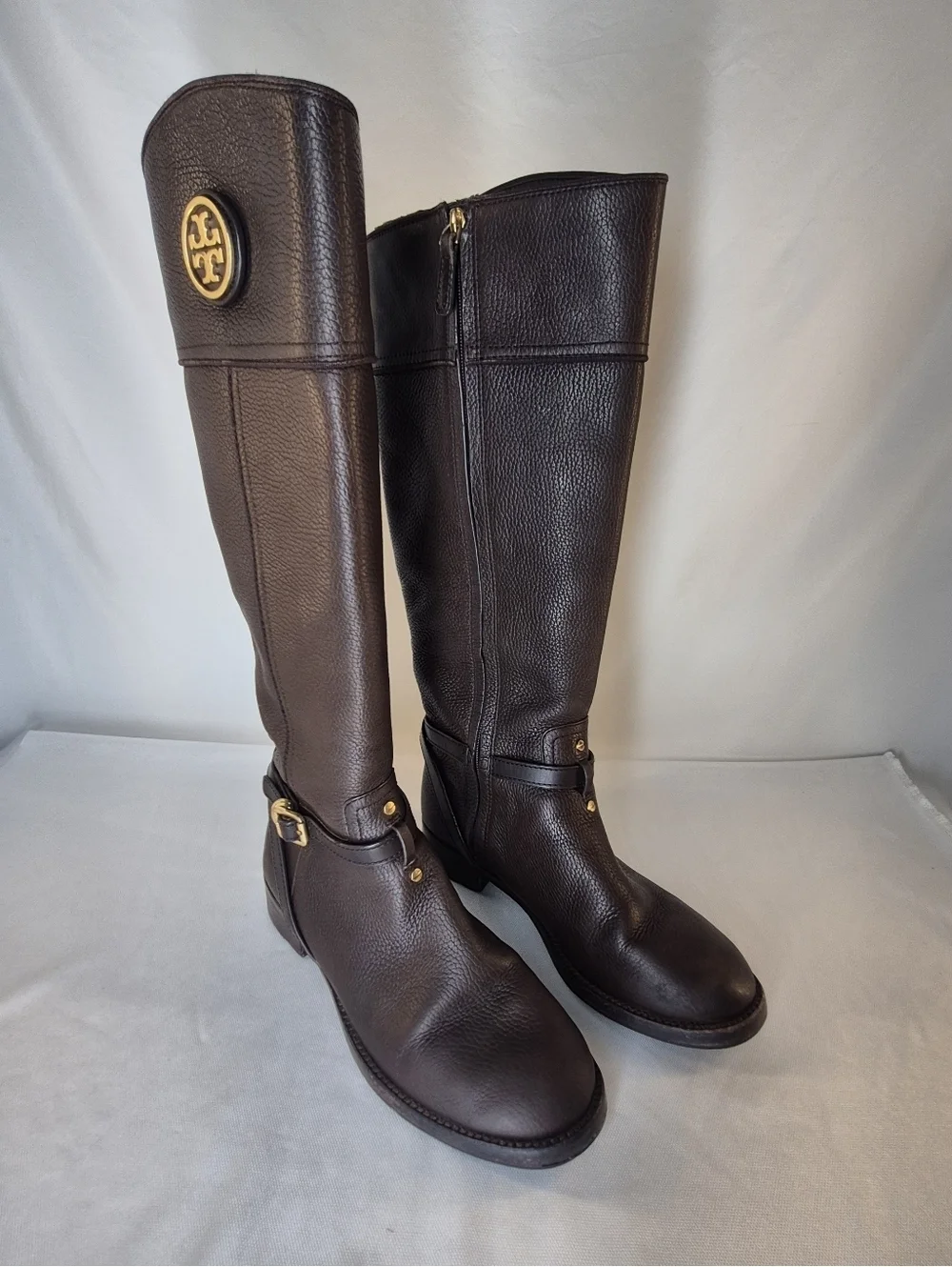 Tory Burch Teresa Women's 9M Riding Boots Brown Pebbled Leather Gold Ligo Buckle